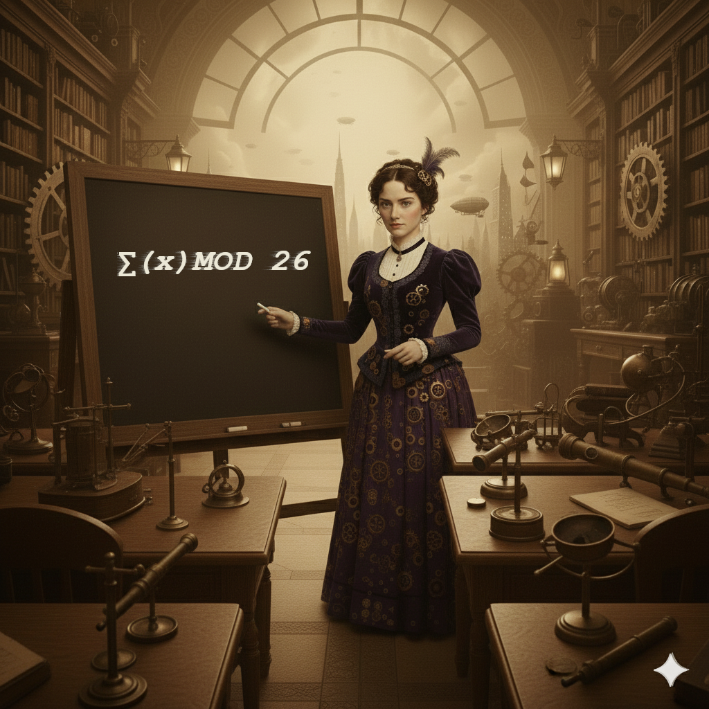 The Formula. ∑(x) MOD 26. A series of numbers transforming into letters.